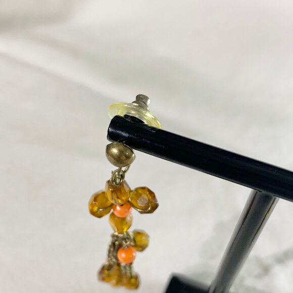 Bohemian Dangle Earrings - Amber Glass & Coral Beaded Jewelry - Brass Tone Chain - Picture 5 of 8